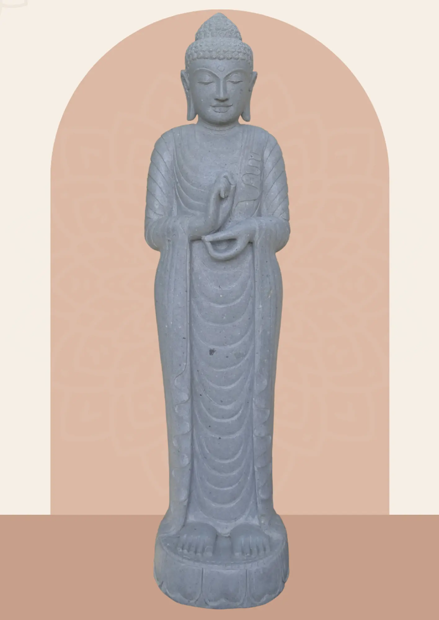  Product image 1 of the product “Standing Buddha made of Riverstone in Dharmachakra position - gesture of wheel of the teaching of Dharma. About 180cm height. ”